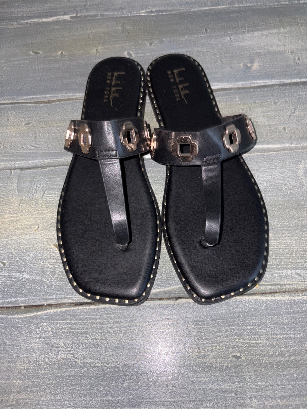 Nicole Miller Black Thong Sandals with Rose Gold Stud Accents